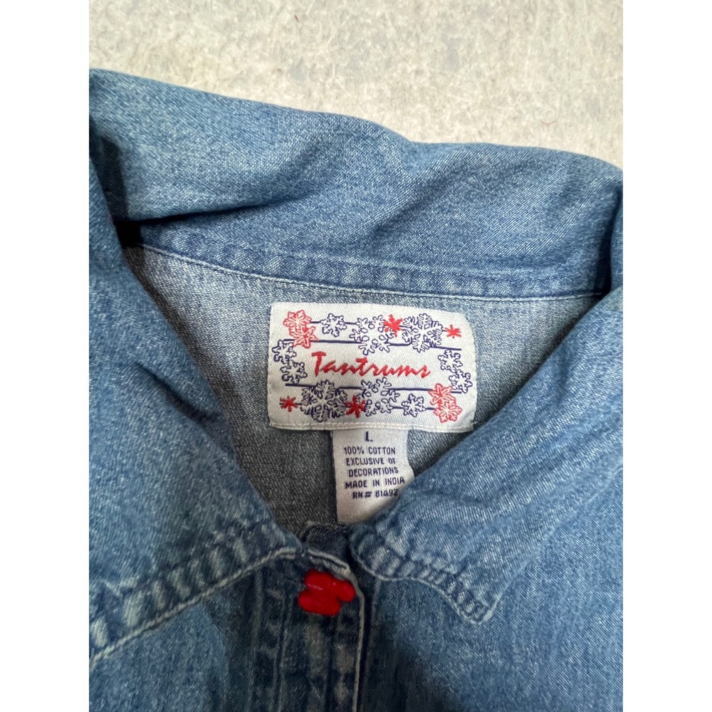 Tantrums Vintage Christmas Denim Vest Large Blue Stocking Candy Cane Applique - Picture 3 of 5